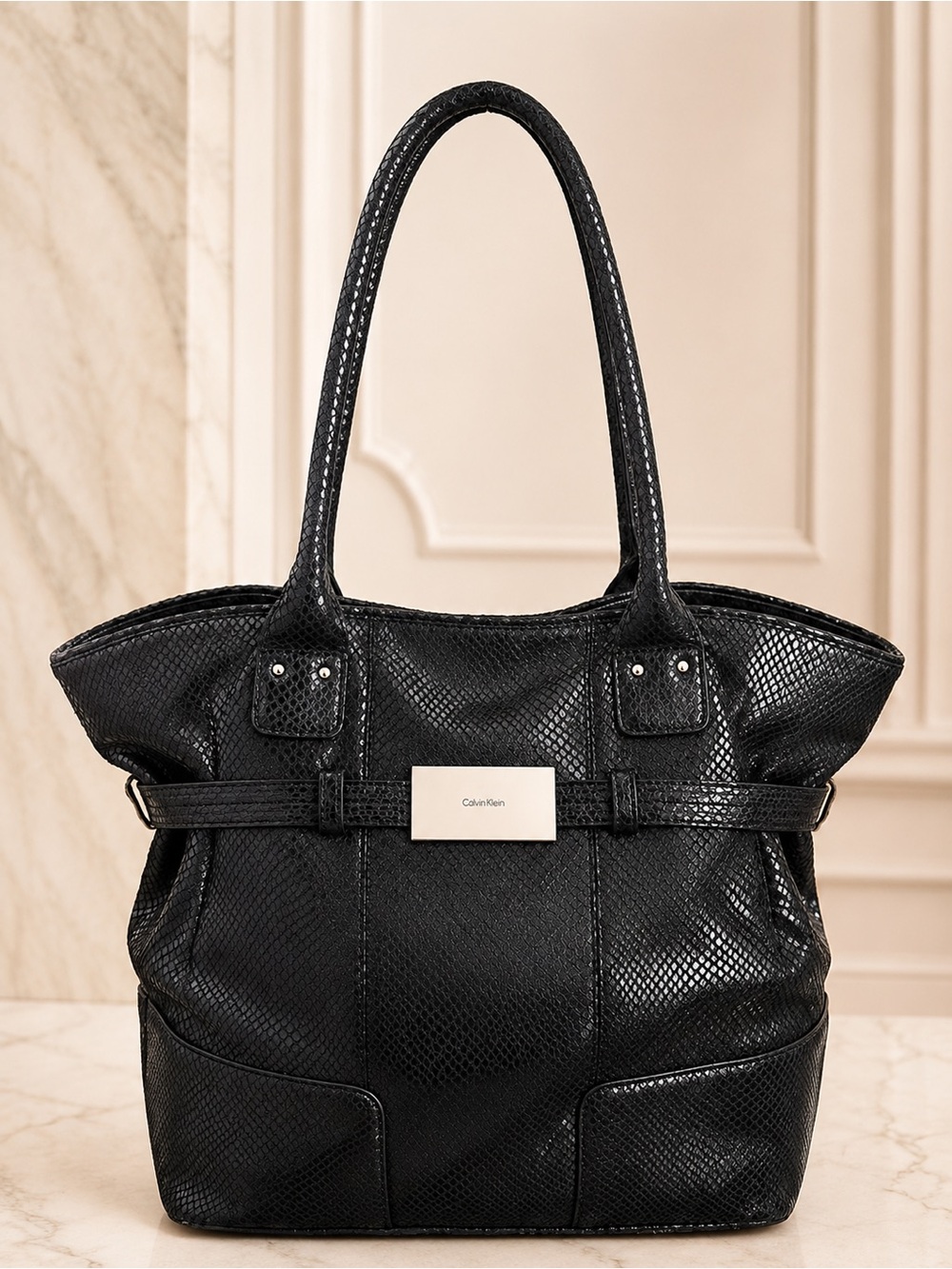 Calvin Klein Black Snakeskin Embossed Tote Shoulder Bag Work Purse